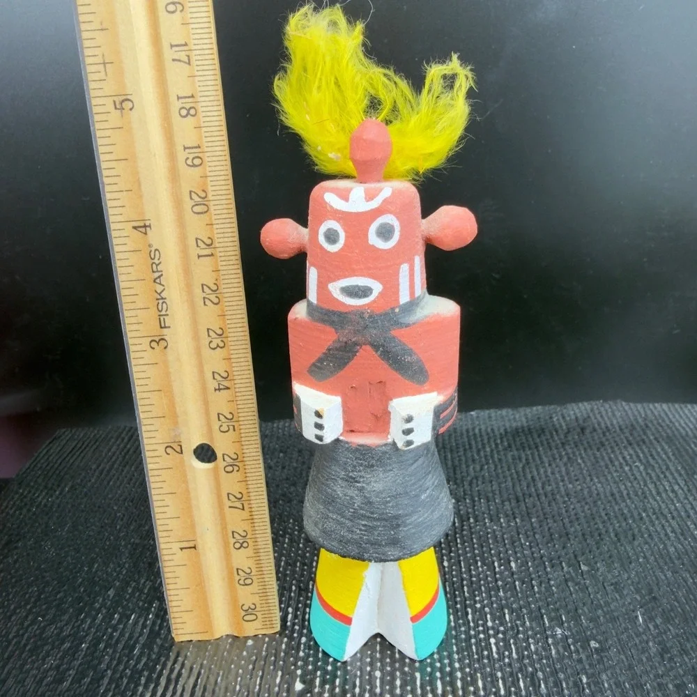 Vintage Hand Painted Wooden Mudhead Kachina Doll Yellow Feathers Folk Art Signed